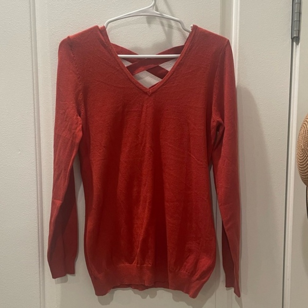 NEW…Love Ellie Terra Cotta V-neck Sweater with Criss Cross Back